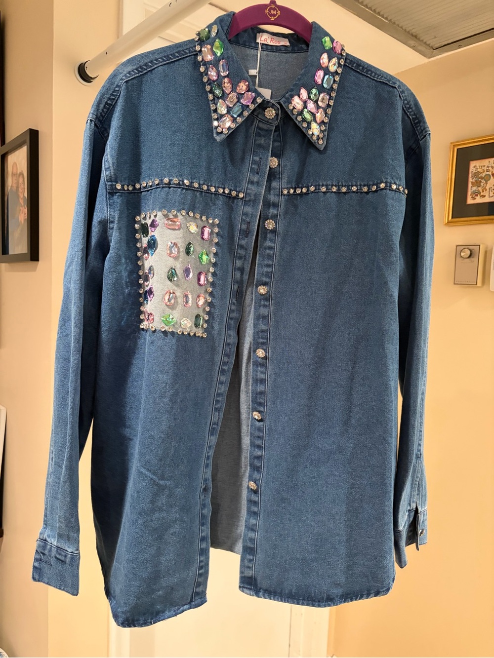 Embellished Blue Denim Blouse with Gem Collar